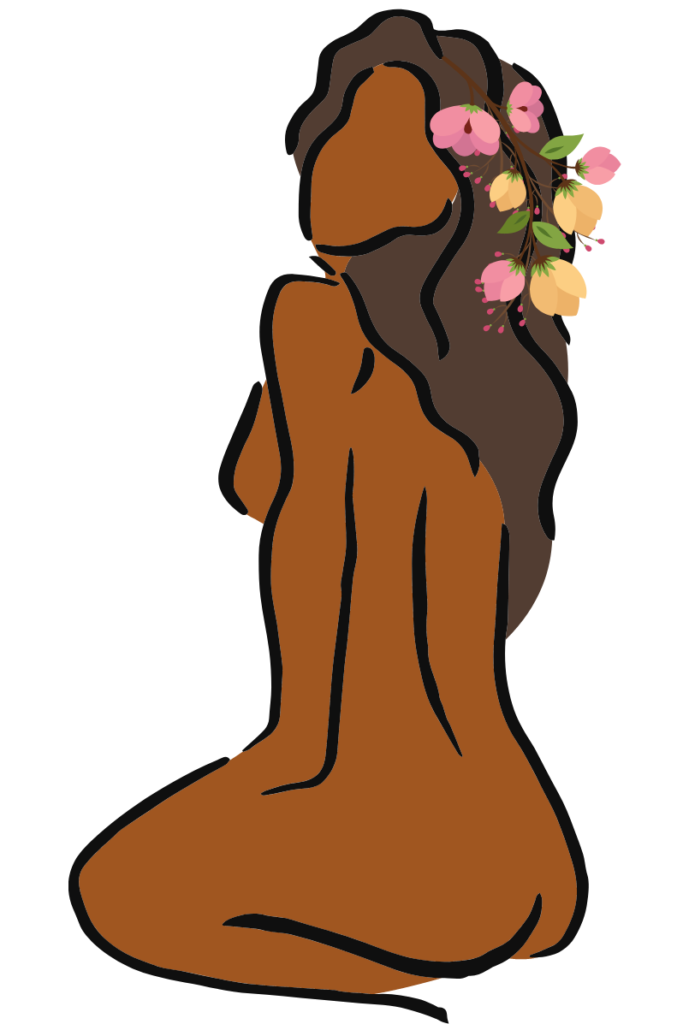 illustration d'une femme nue de dos avec des fleurs dans ses cheveux